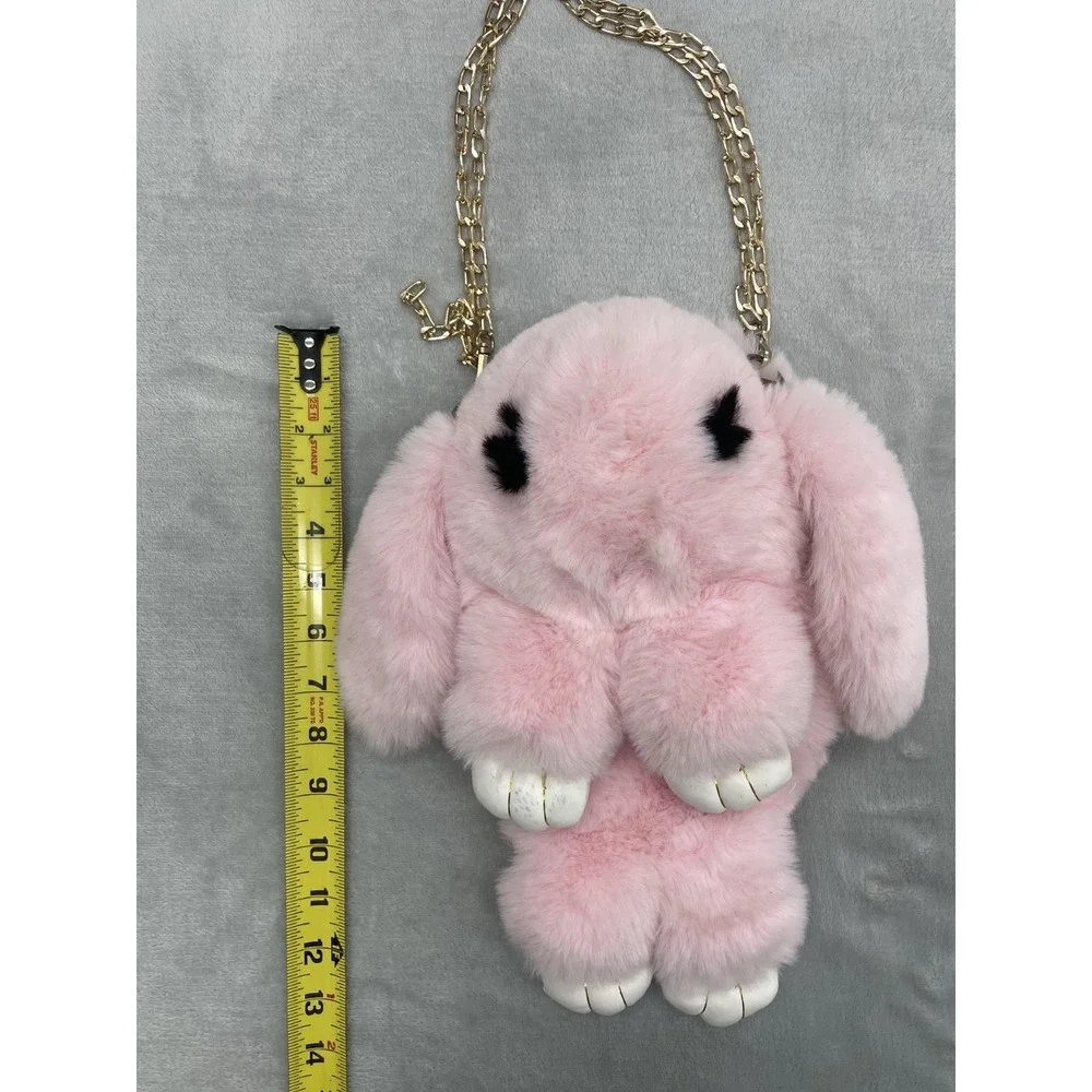 Pink Plush Bunny Rabbit Bag Purse with Gold Chain – Faux Fur – 13
